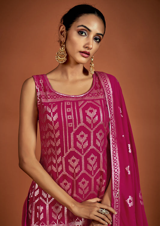 Dark Pink Sequins Embroidery Georgette Sharara for Sangeet
