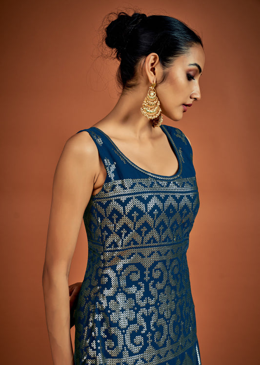 Dark Blue Sequins Embroidery Georgette Sharara for Sangeet