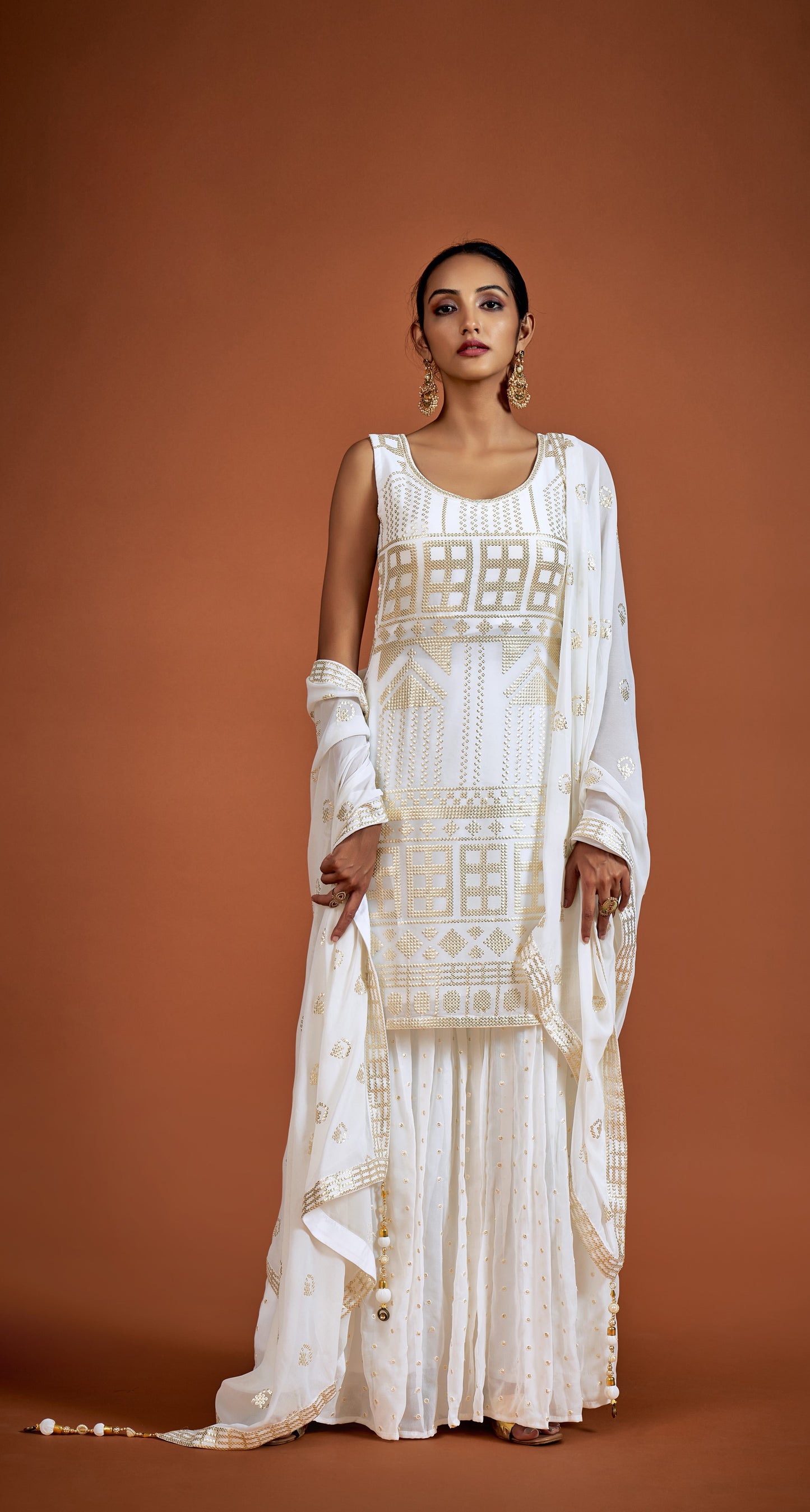 White Sequins Embroidery Georgette Sharara for Sangeet