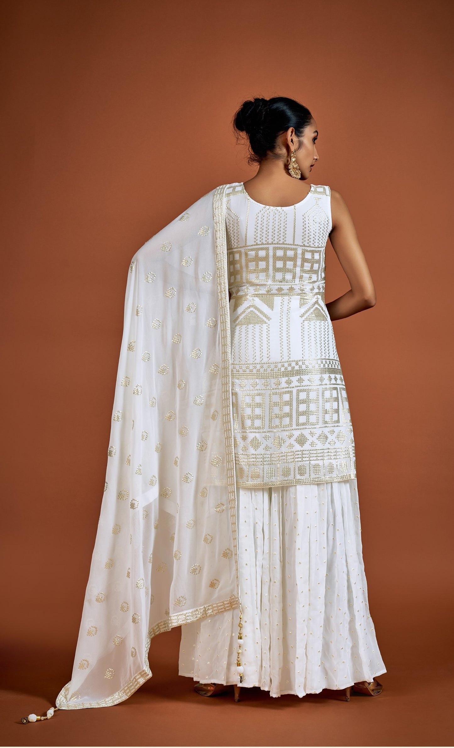 White Sequins Embroidery Georgette Sharara for Sangeet