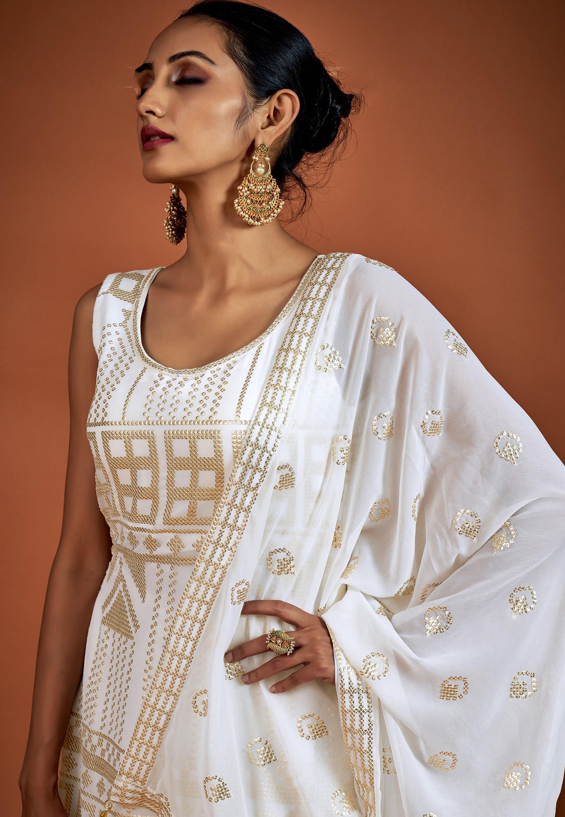 White Sequins Embroidery Georgette Sharara for Sangeet