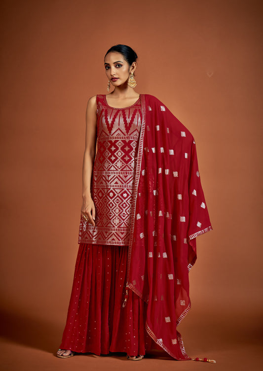 Red Sequins Embroidery Georgette Sharara for Sangeet