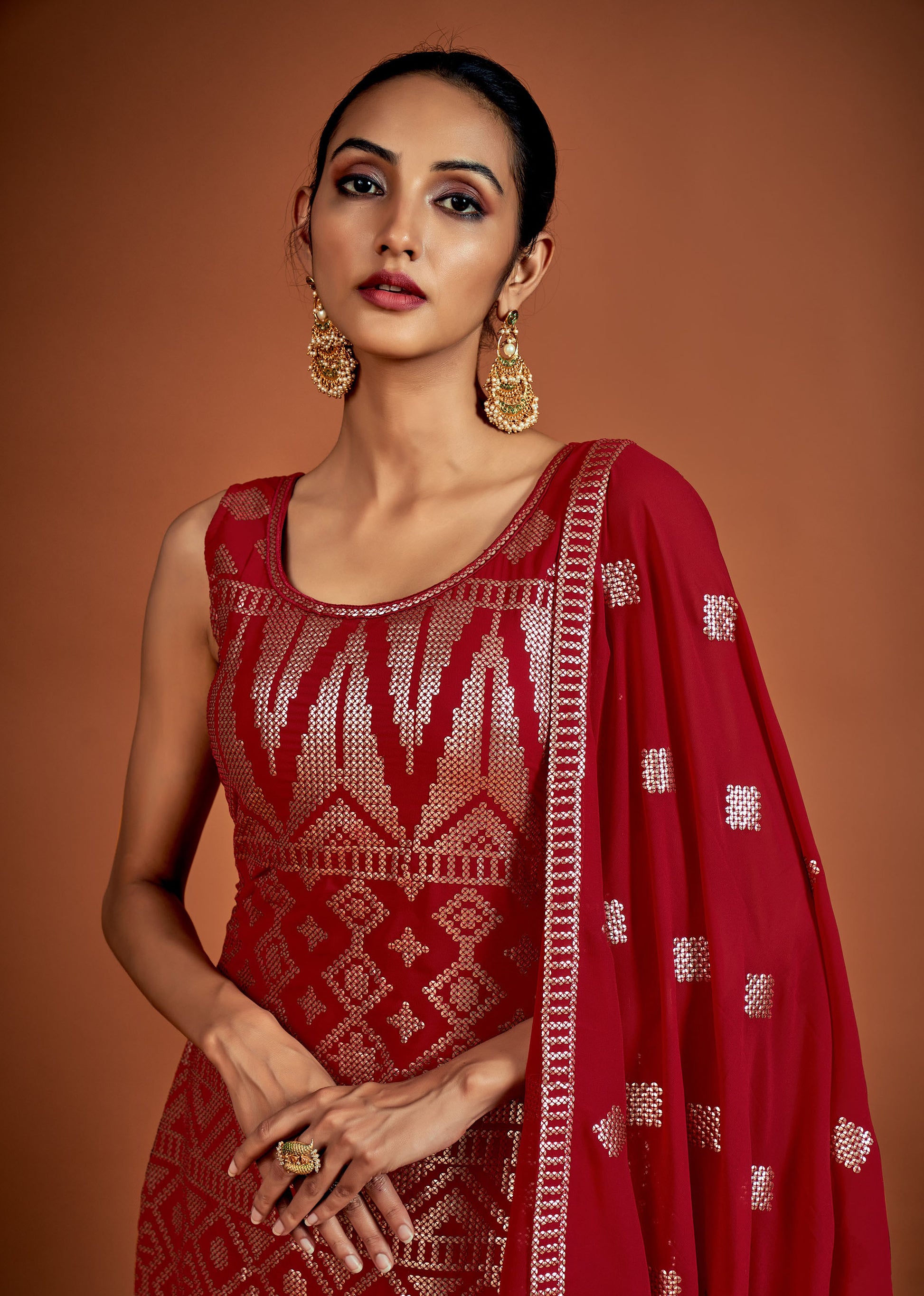 Red Sequins Embroidery Georgette Sharara for Sangeet