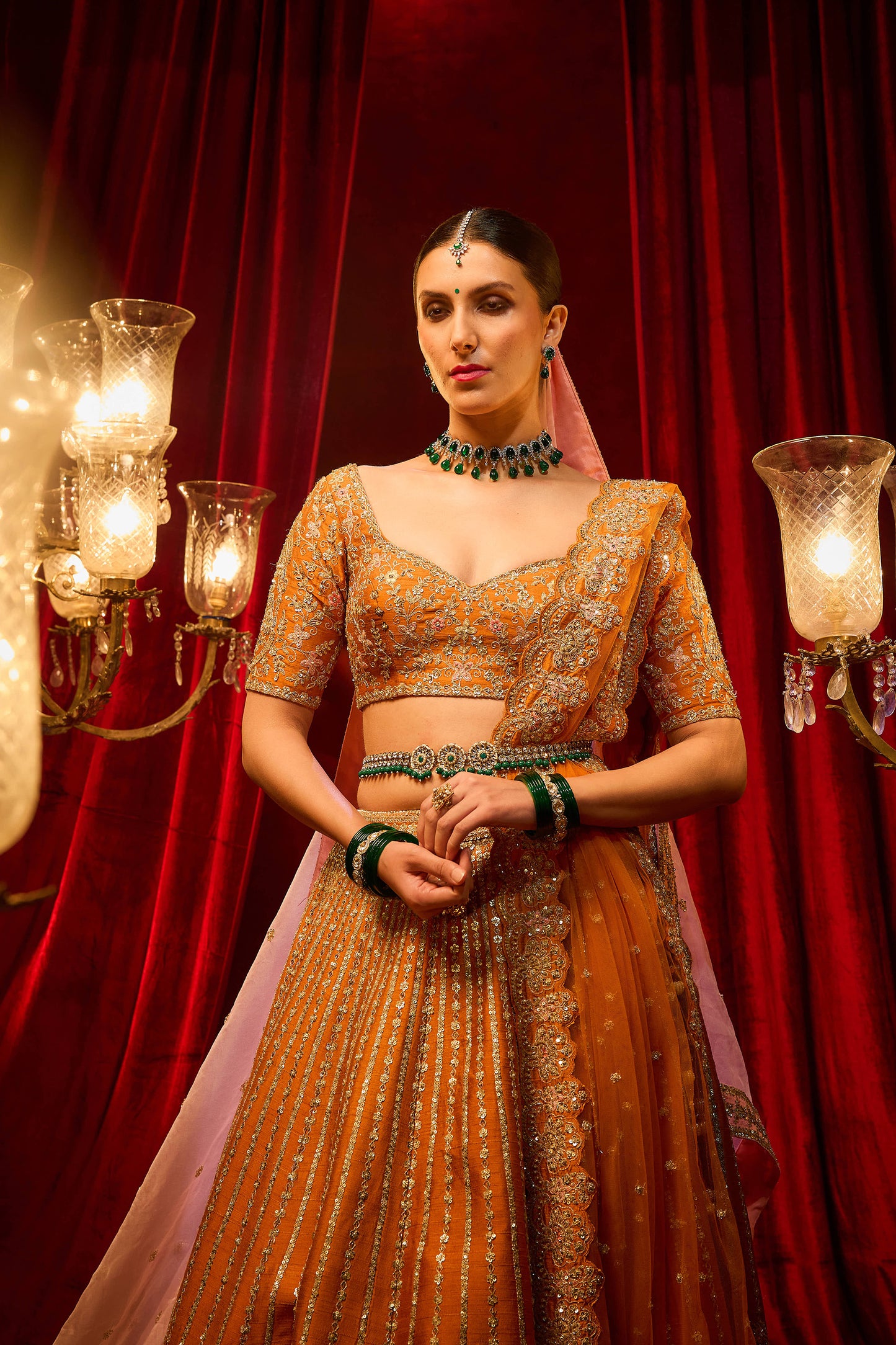 Rust Raw Silk Hand & Machine Embroidered Lehenga Set