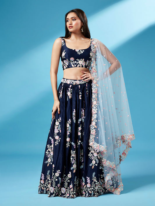Navy Blue Pure Georgette Sequins Work Semi-Stitched Bridesmaid Lehenga