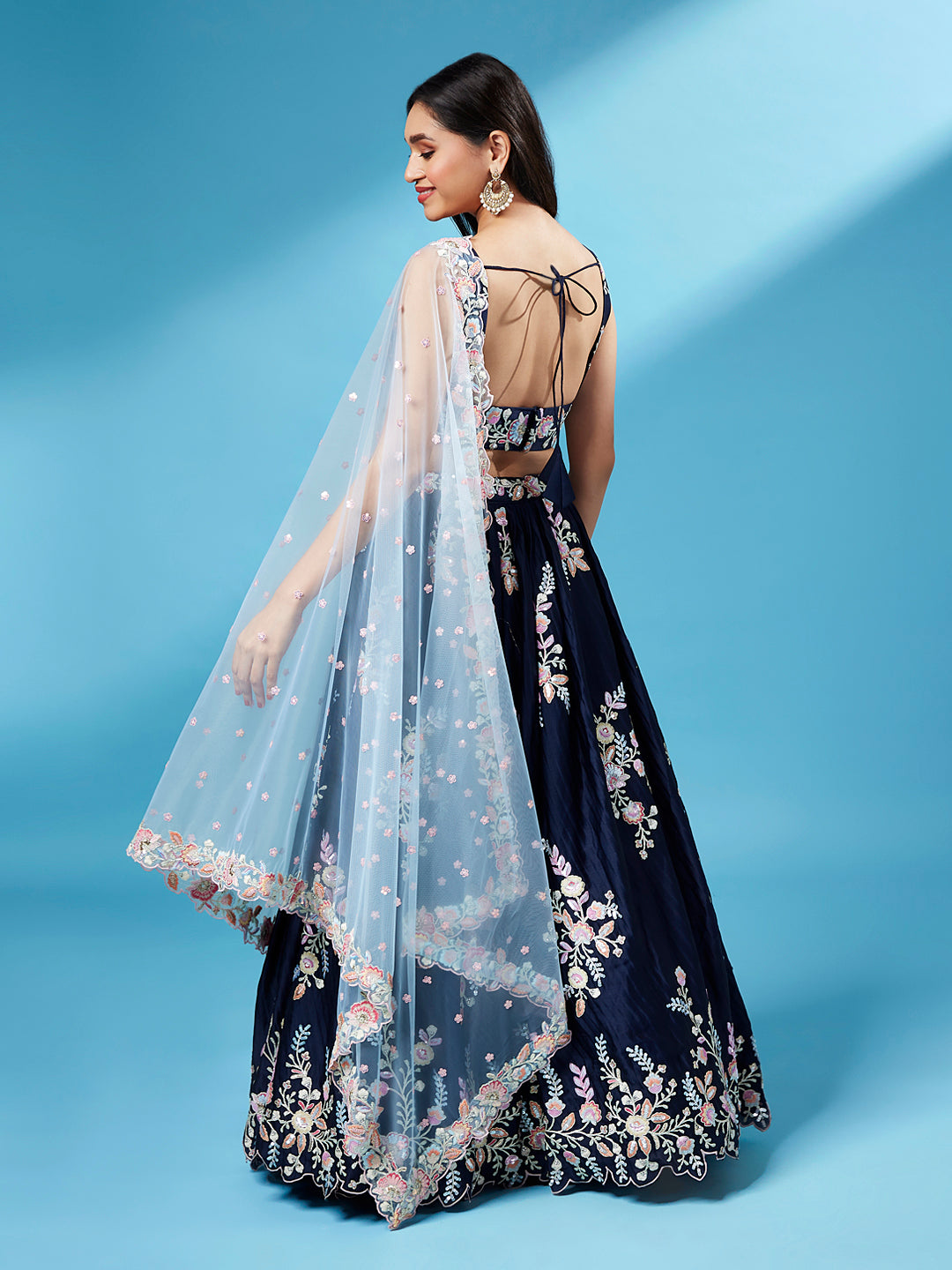 Navy Blue Pure Georgette Sequins Work Semi-Stitched Bridesmaid Lehenga