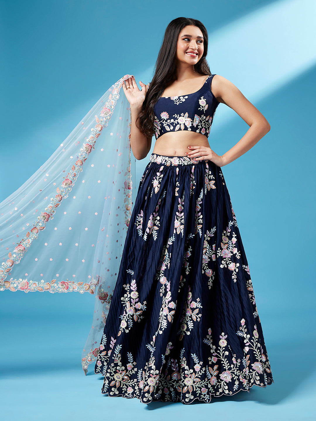 Navy Blue Pure Georgette Sequins Work Semi-Stitched Bridesmaid Lehenga