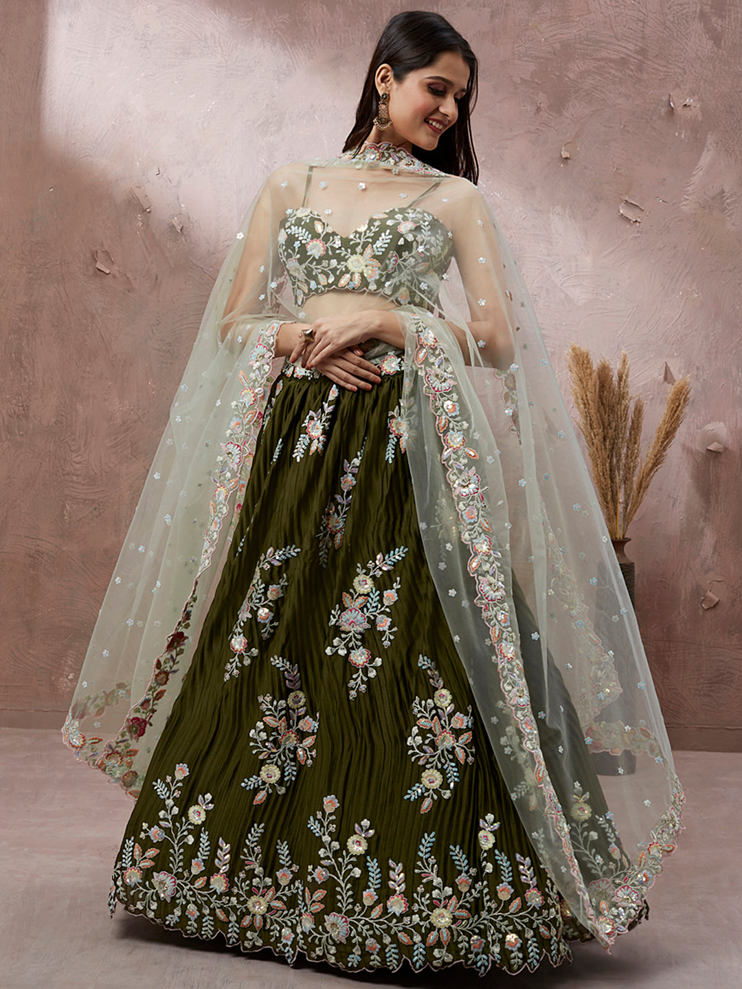 Olive Green Georgette Sequins Work Semi-Stitched Lehenga