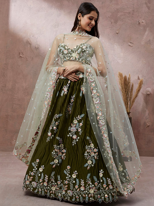 Olive Green Georgette Sequins Work Semi-Stitched Lehenga