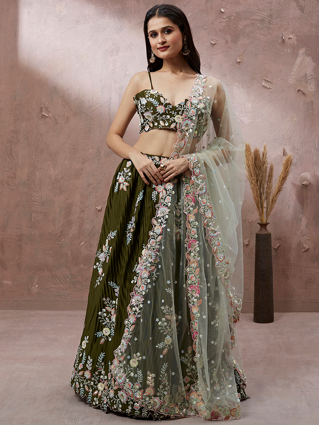 Olive Green Georgette Sequins Work Semi-Stitched Lehenga