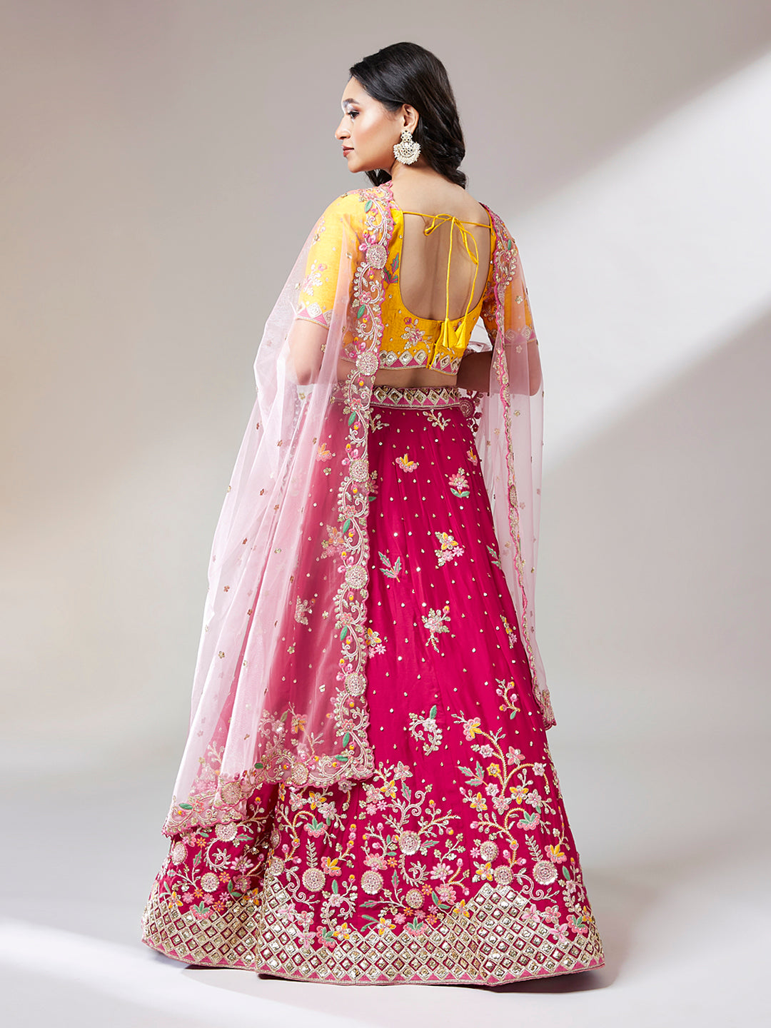 Pink and Yellow Georgette Sequins Work Semi-Stitched Lehenga