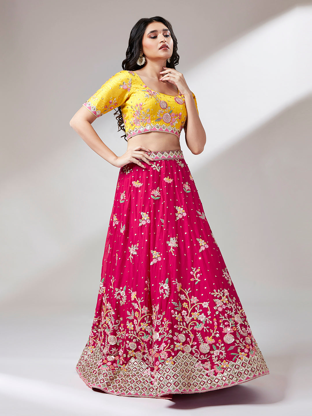 Pink and Yellow Georgette Sequins Work Semi-Stitched Lehenga