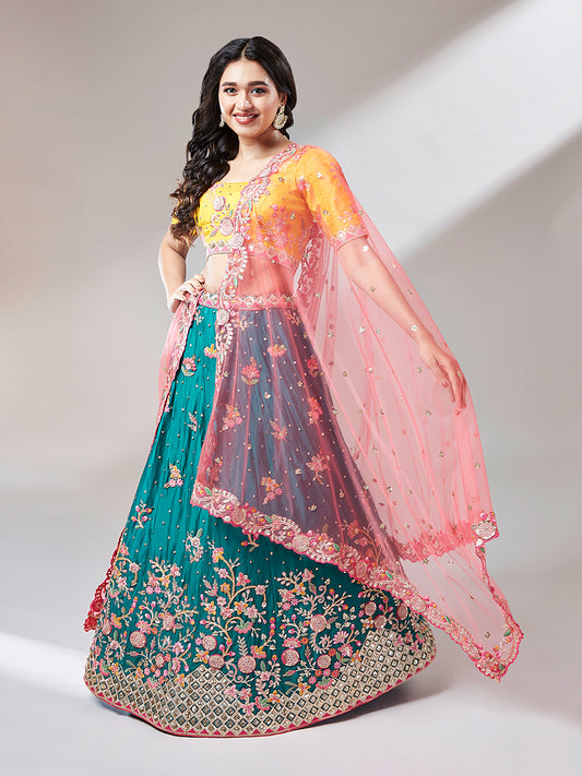 Blue and Yellow Georgette Sequins Work Semi-Stitched Lehenga