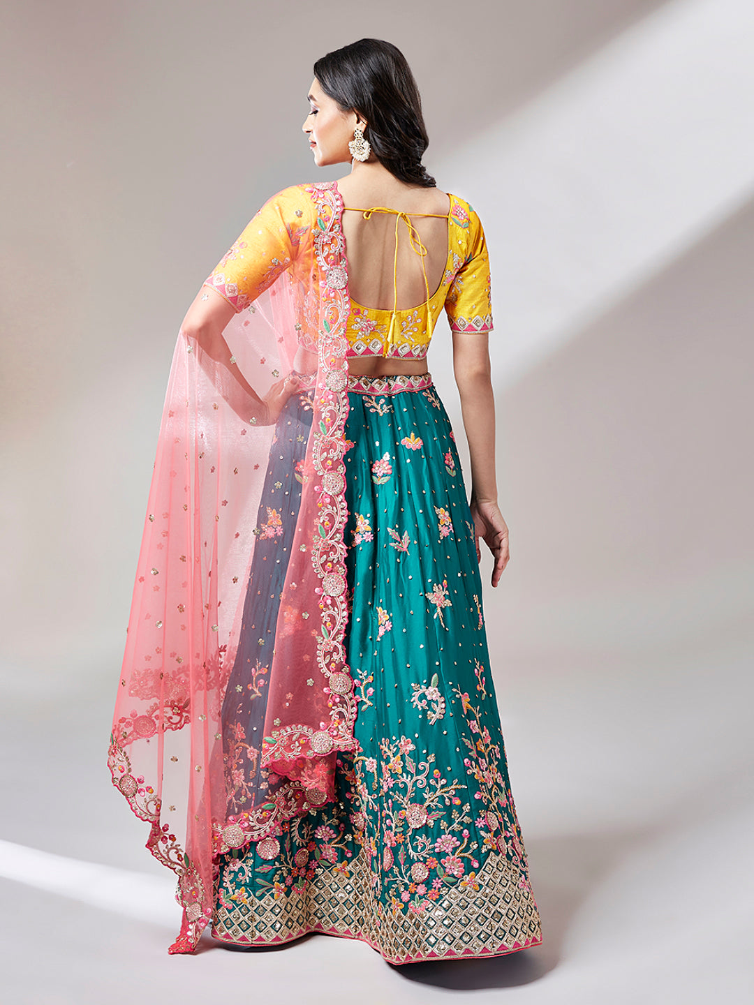 Blue and Yellow Georgette Sequins Work Semi-Stitched Lehenga
