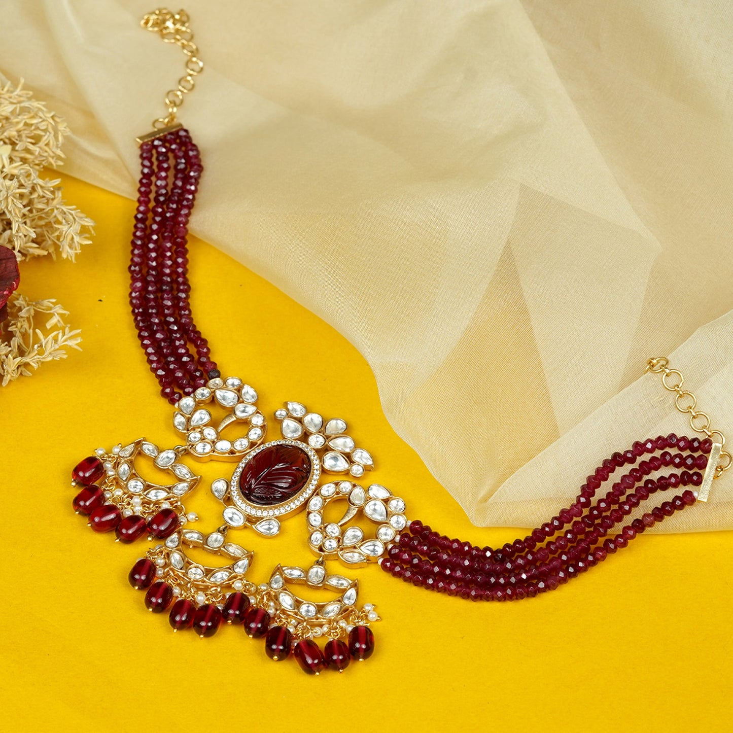 Zevar Club Maroon Beaded Choker Necklace Set with White Kundan & Maroon Stone Studded Pendant and Matching Earrings for Women