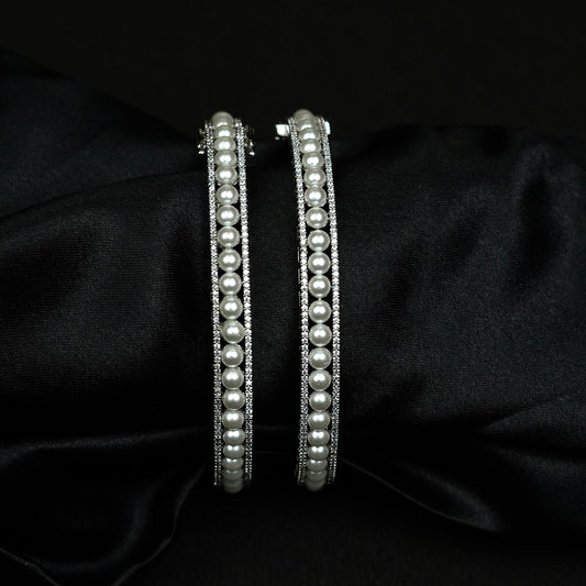 Zevar Club Set of 2 Rhodium-Plated Handcrafted Pearl Beaded & AAA Zirconia Premium Bangles