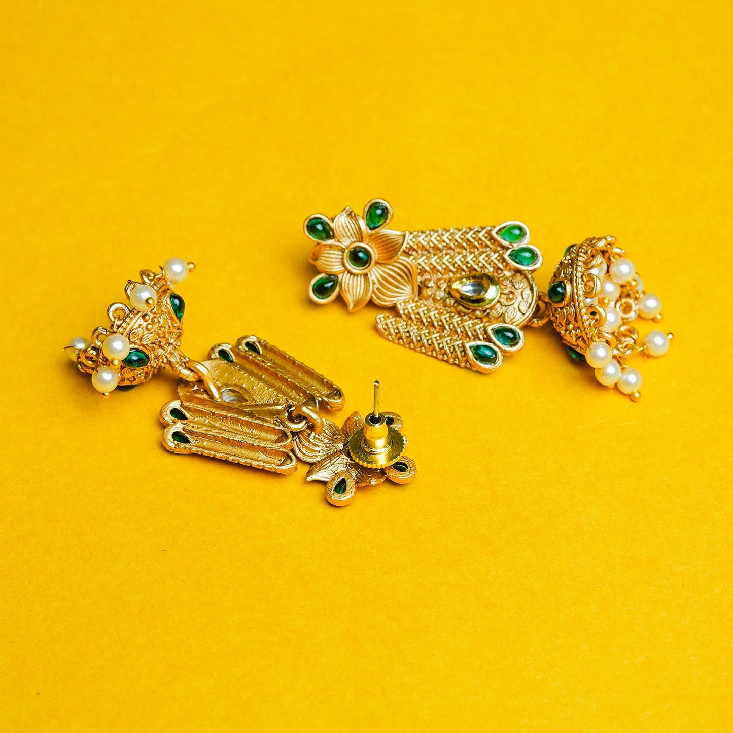 Zevar Club 18K Gold-Plated Red Kundan Stone Studded Floral Drop Earrings with Pearl Jhumka