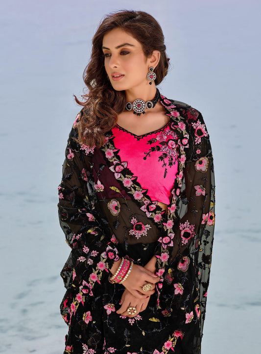 Black Flower and Cutdana Work Pure Satin Cocktail Saree