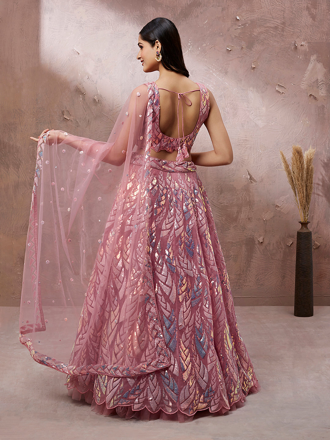 Pink Net Sequins Work Semi-Stitched Bridesmaid Lehenga