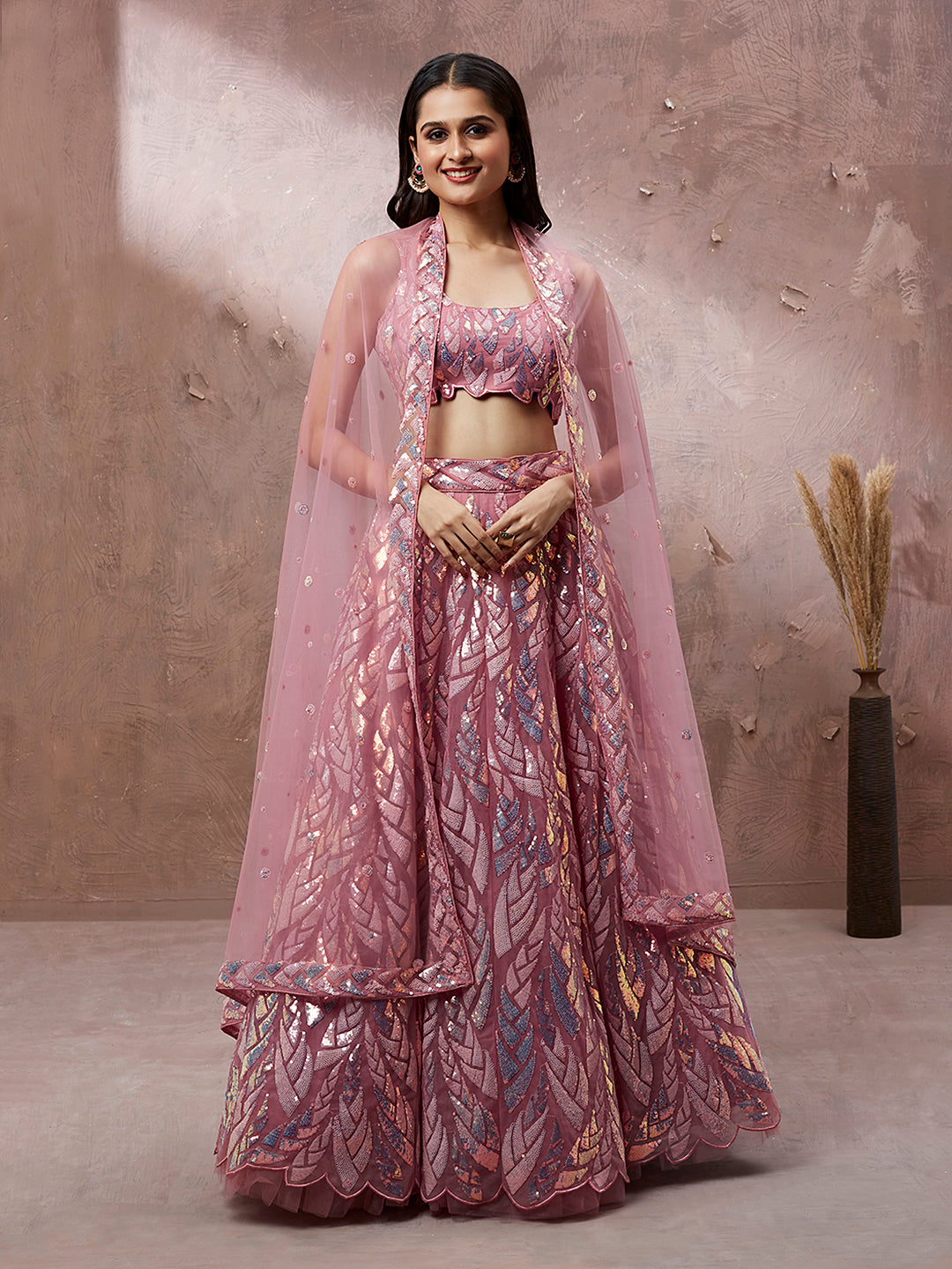 Pink Net Sequins Work Semi-Stitched Bridesmaid Lehenga
