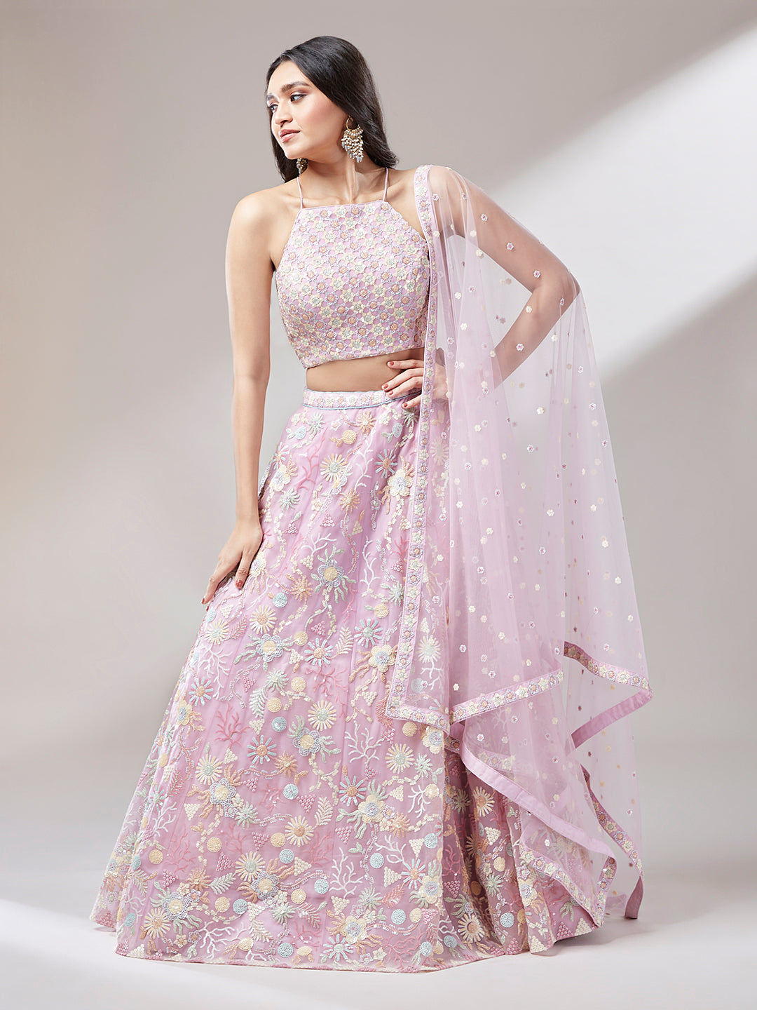 Pink Color Net Sequins embroidery Semi-Stitched Lehenga