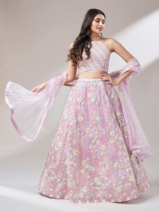 Pink Color Net Sequins embroidery Semi-Stitched Lehenga