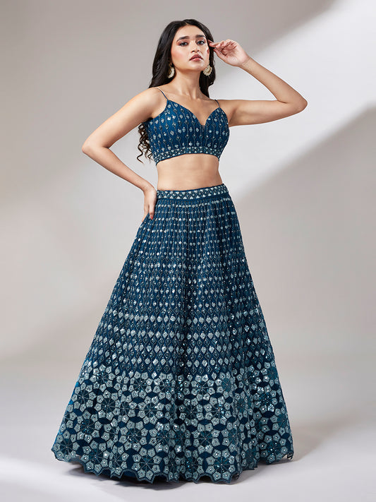 Navy Blue Net Heavy Sequins embroidery Semi-Stitched Lehenga
