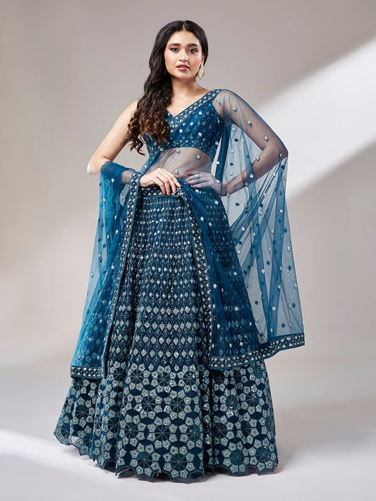 Navy Blue Net Heavy Sequins embroidery Semi-Stitched Lehenga