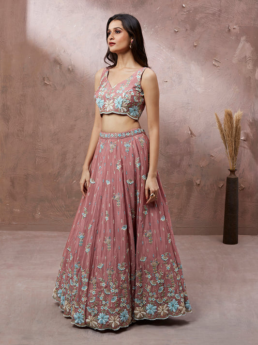 Light Pink Pure Georgette Sequin & Zarkan embroidery Semi-Stitched Lehenga
