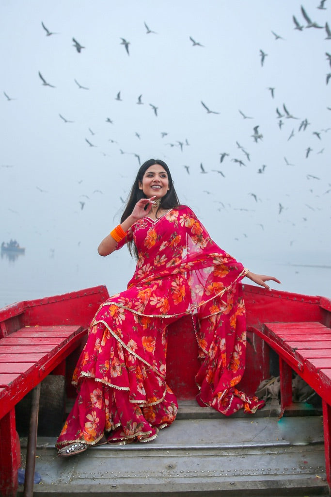 Kiara Pink Chiffon Floral Print Festive Draped Saree