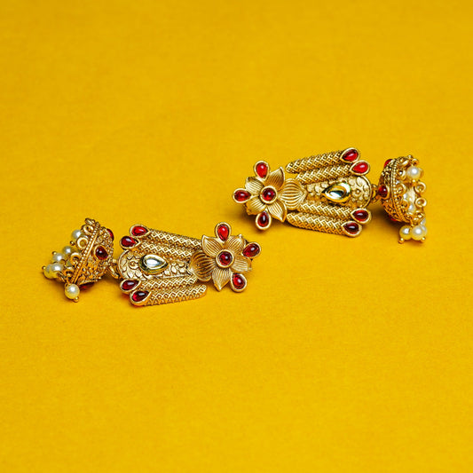 Zevar Club 18K Gold-Plated Red Kundan Stone Studded Floral Drop Earrings with Pearl Jhumka