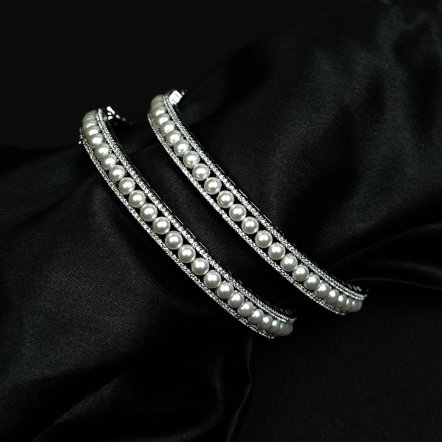 Zevar Club Set of 2 Rhodium-Plated Handcrafted Pearl Beaded & AAA Zirconia Premium Bangles