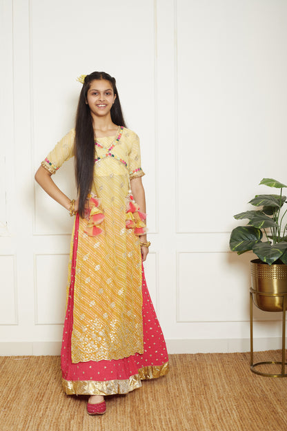 Yellow Bandhaj Kurti with Crinkle Skirt