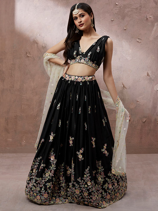 Black Georgette Sequins with Zarkan embroidery Semi-Stitched Lehenga