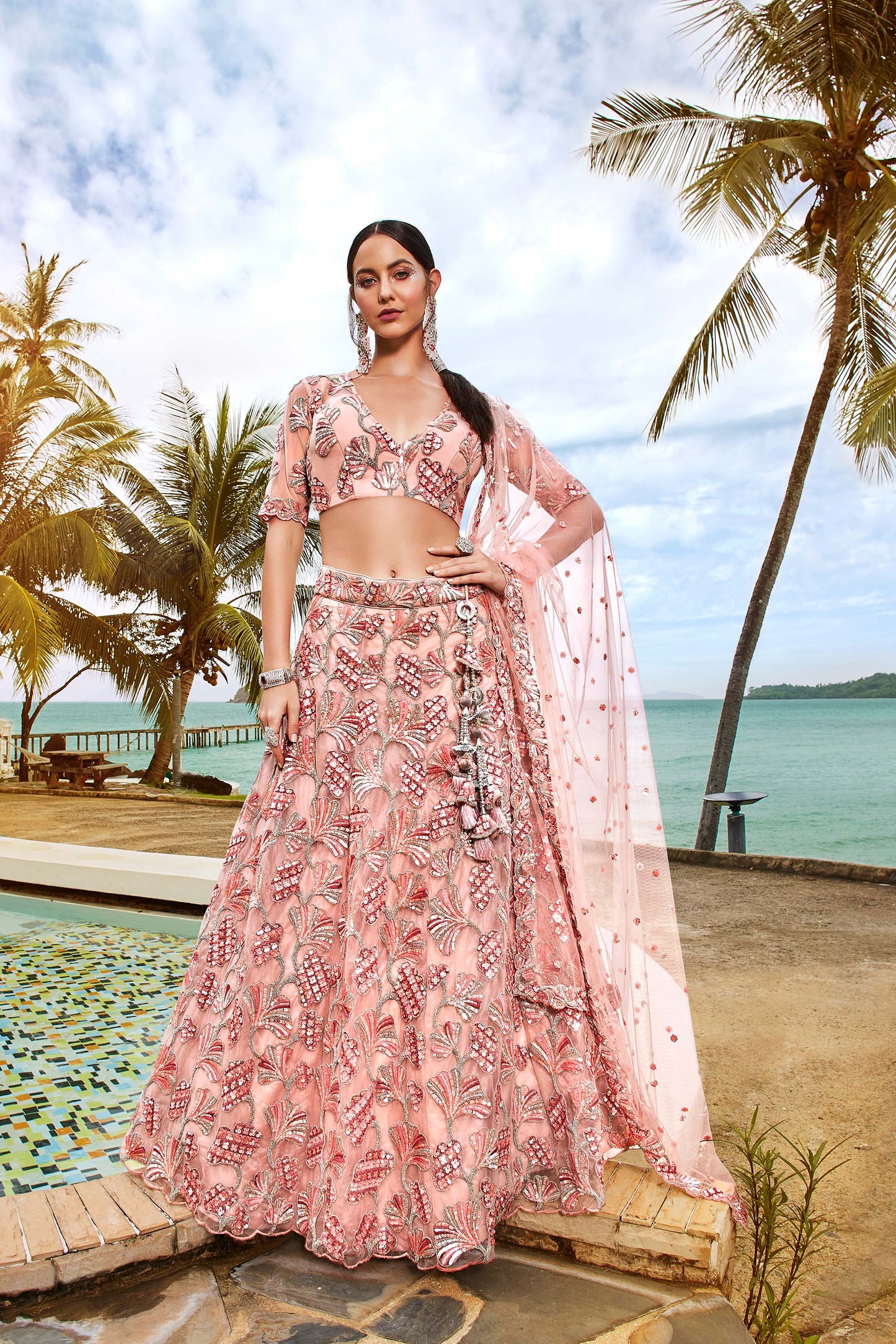 Coral Net Sequins and thread embroidery Lehenga