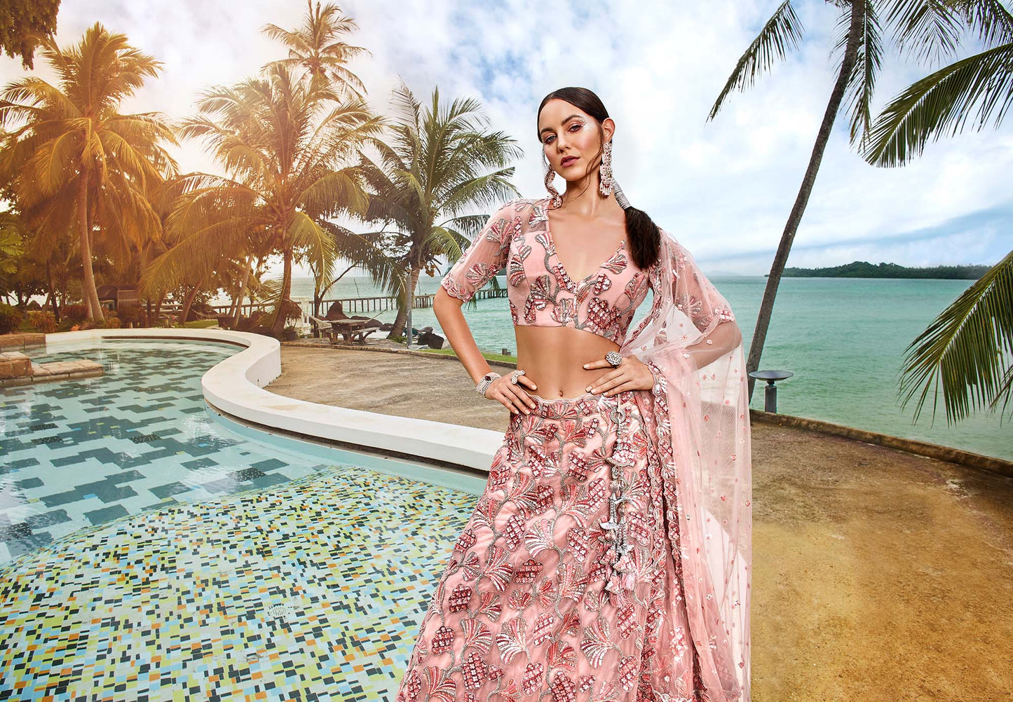 Coral Net Sequins and thread embroidery Lehenga