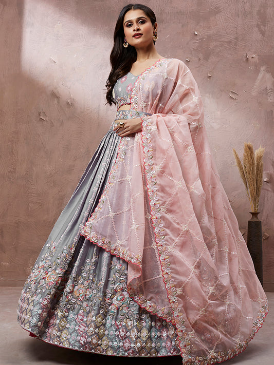 Grey Georgette Sequins Embroidery Semi-Stitched Lehenga 