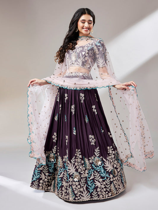 Wine Color Georgette Sequins Embroidery Semi-Stitched Lehenga