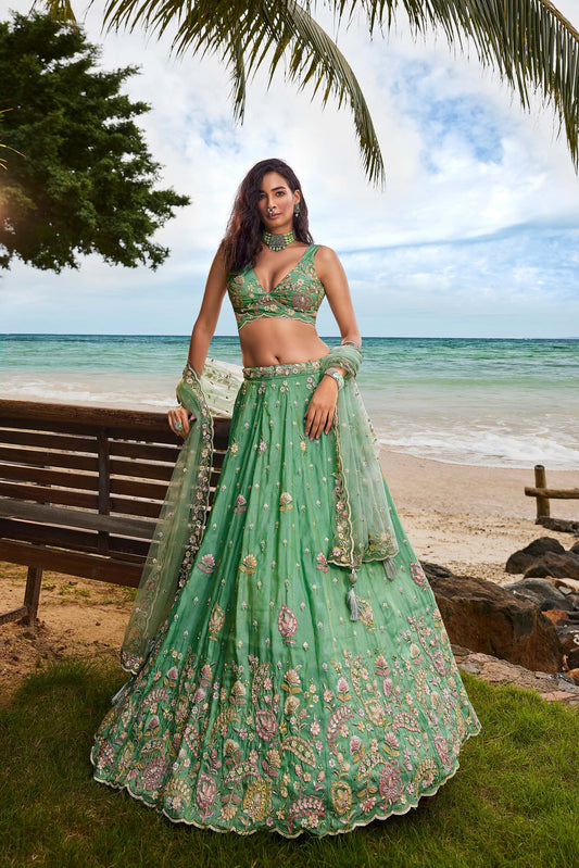 Sea Green Georgette Sequins, Zarkan and thread embroidery Lehenga