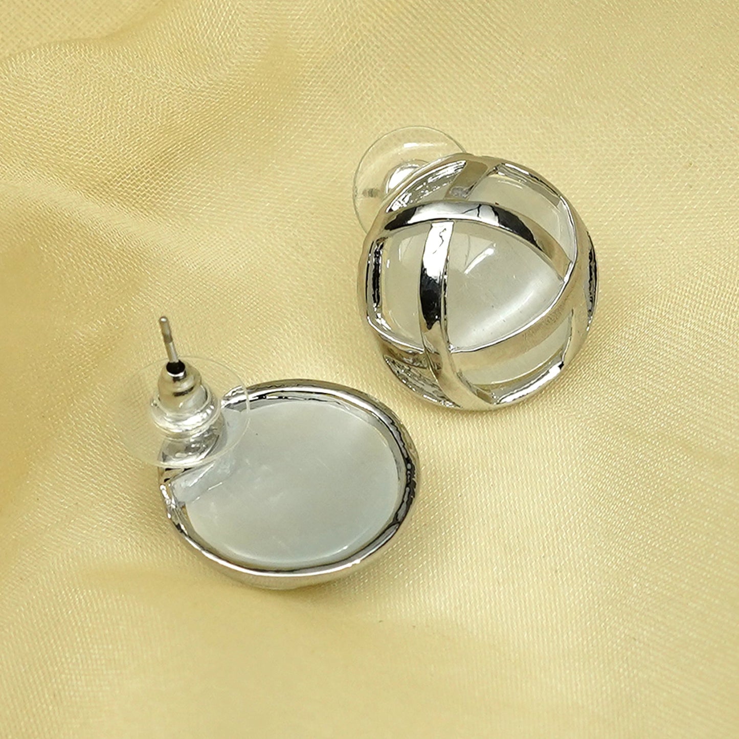 Zevar Club Silver Tone Dome-Shaped Criss-Cross Stud Earrings with White Pearl Accents for Women