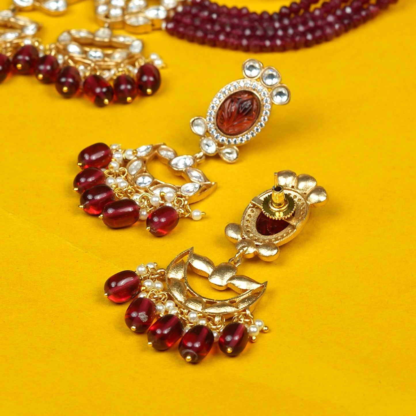 Zevar Club Maroon Beaded Choker Necklace Set with White Kundan & Maroon Stone Studded Pendant and Matching Earrings for Women