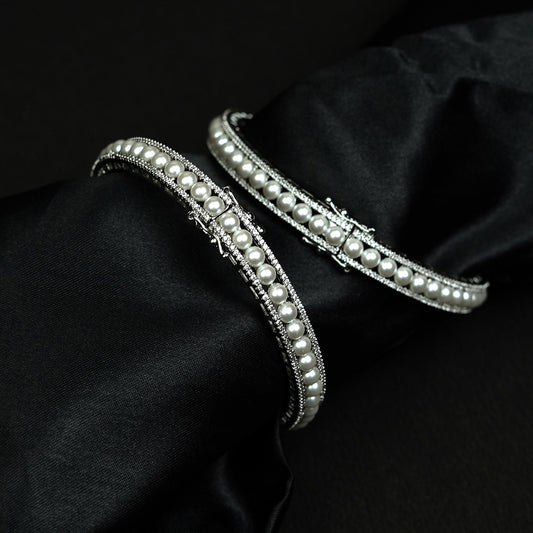 Zevar Club Set of 2 Rhodium-Plated Handcrafted Pearl Beaded & AAA Zirconia Premium Bangles