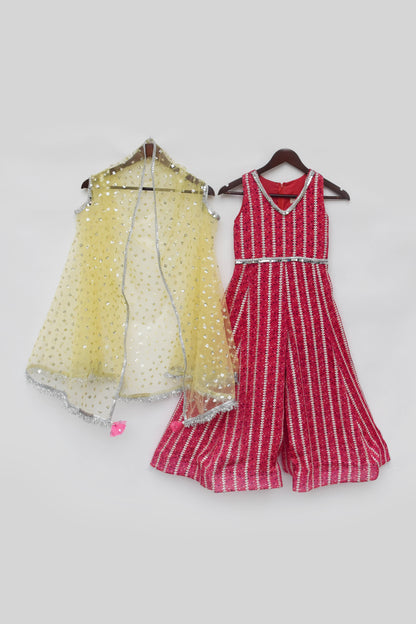 Yellow Embroidered Cape with Pink Jumpsuit