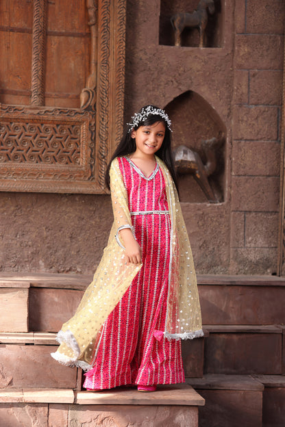 Yellow Embroidered Cape with Pink Jumpsuit