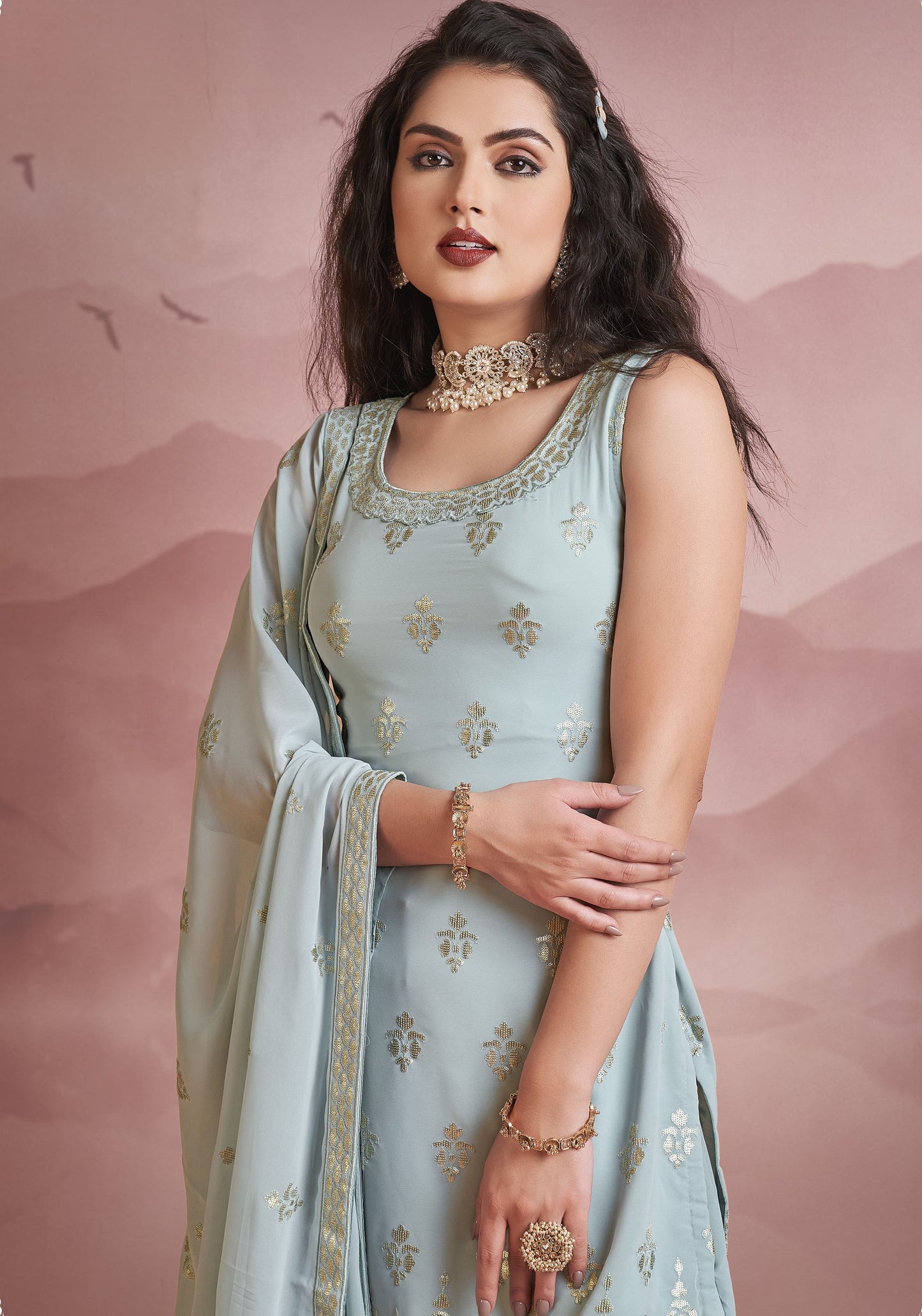 Grey Thread Embroidery Georgette Sharara for Wedding Guest
