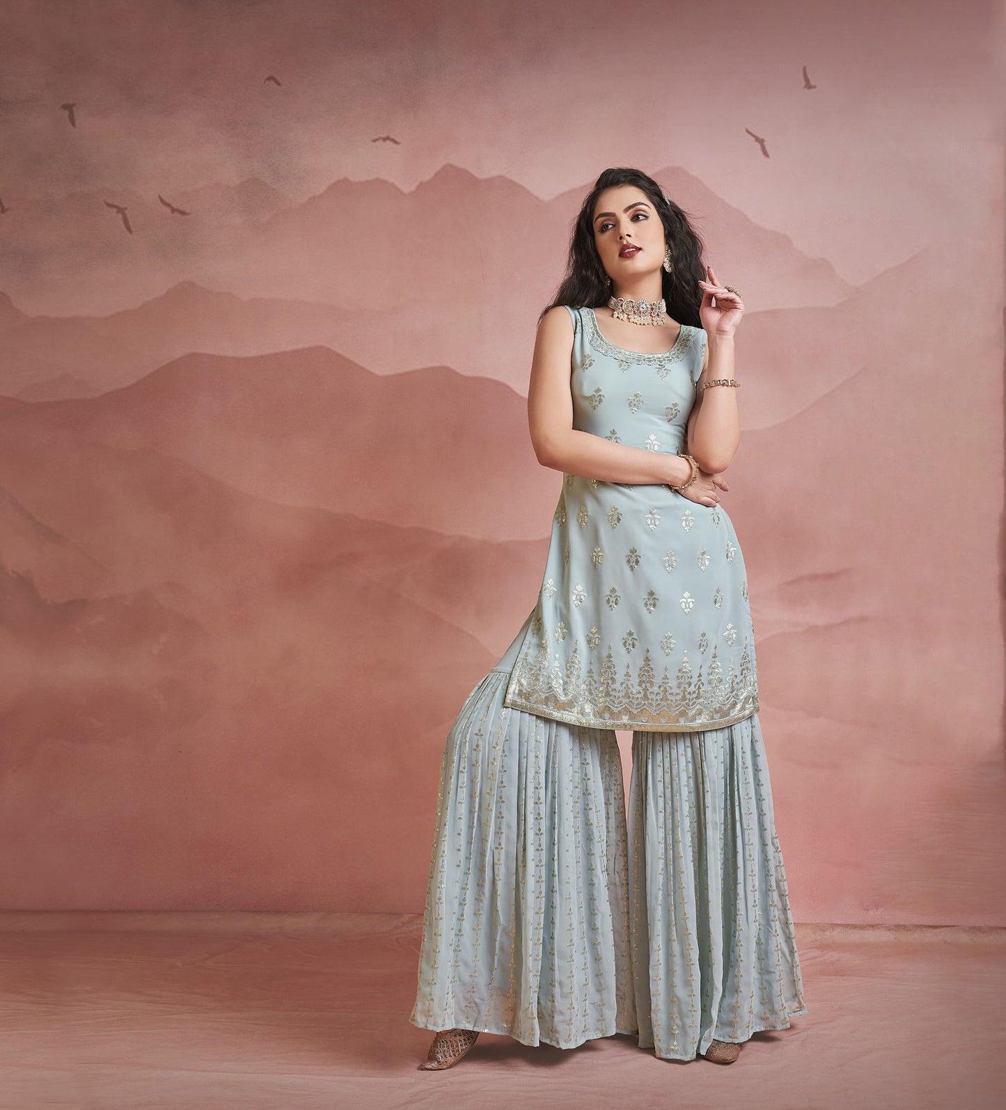 Grey Thread Embroidery Georgette Sharara for Wedding Guest