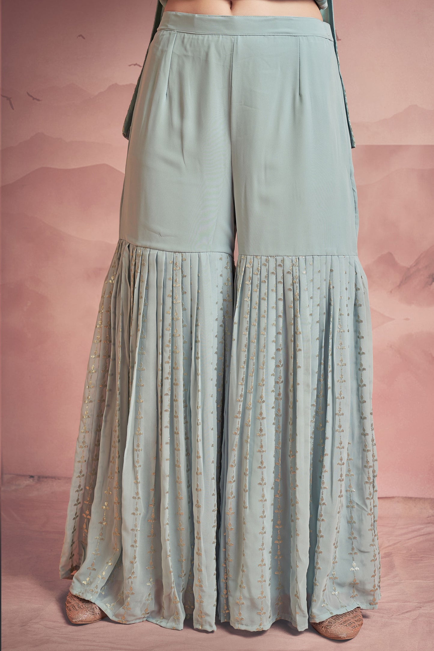 Grey Thread Embroidery Georgette Sharara for Wedding Guest