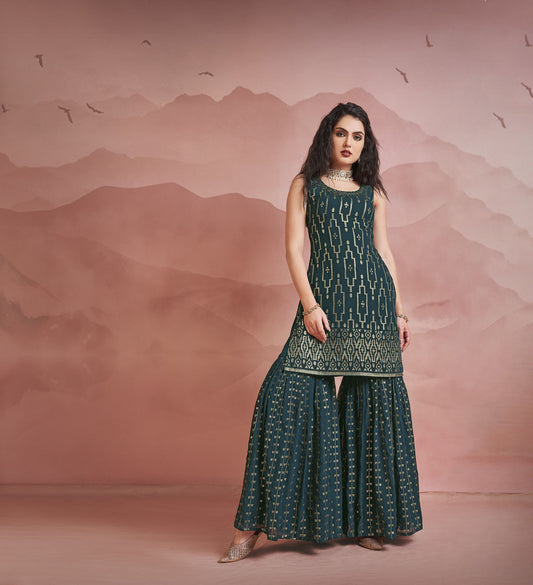 Rama Blue Thread Embroidery Georgette Sharara for Wedding Guest