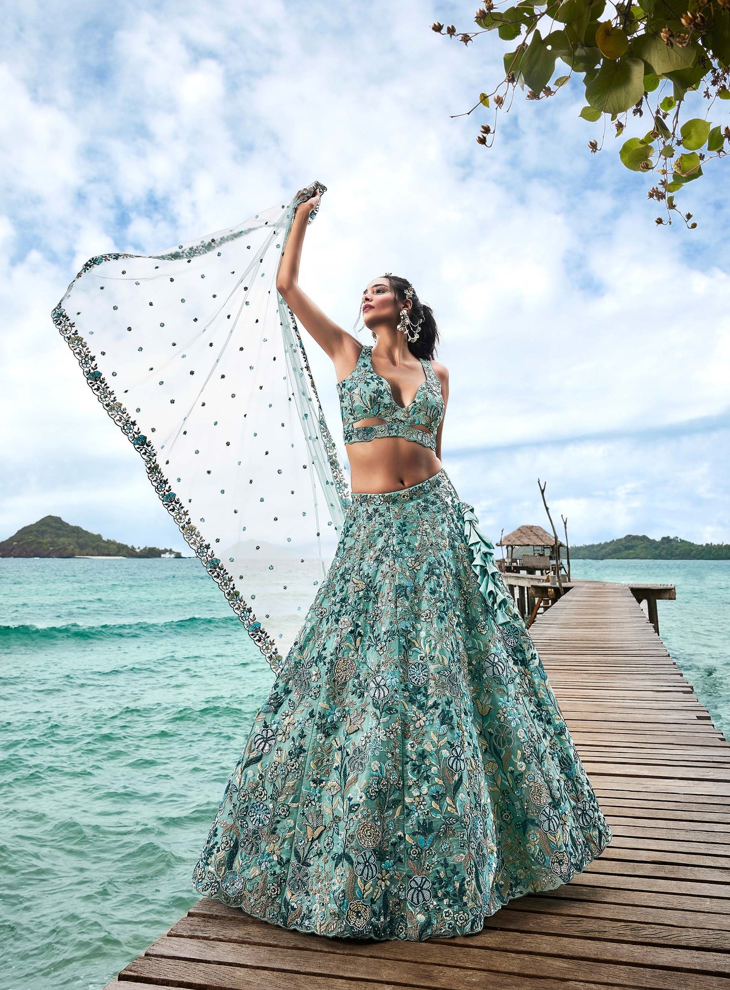 Turquoise blue Organza Sequins, Moti and thread embroidery Lehenga
