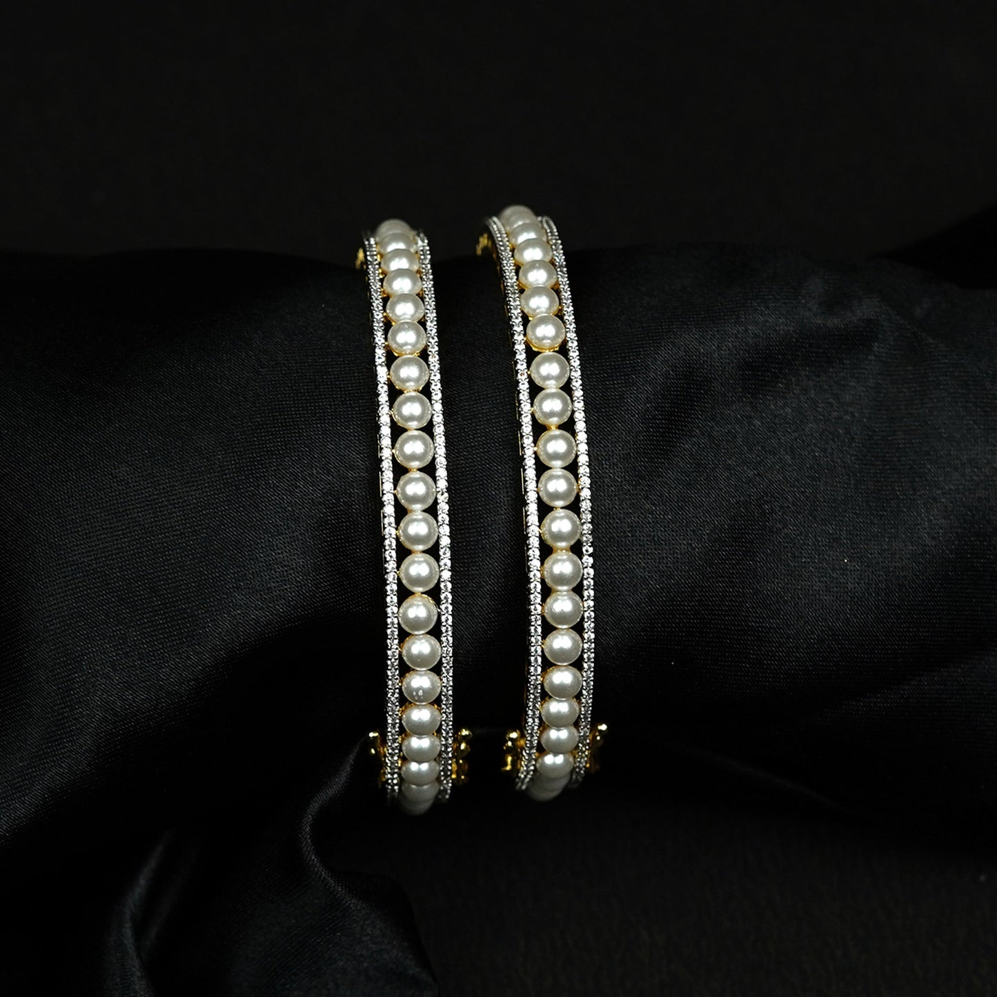 Zevar Club Set of 2 22K Gold-Plated Handcrafted Pearl Beaded & AAA Cubic Zirconia Studded Premium Bangles